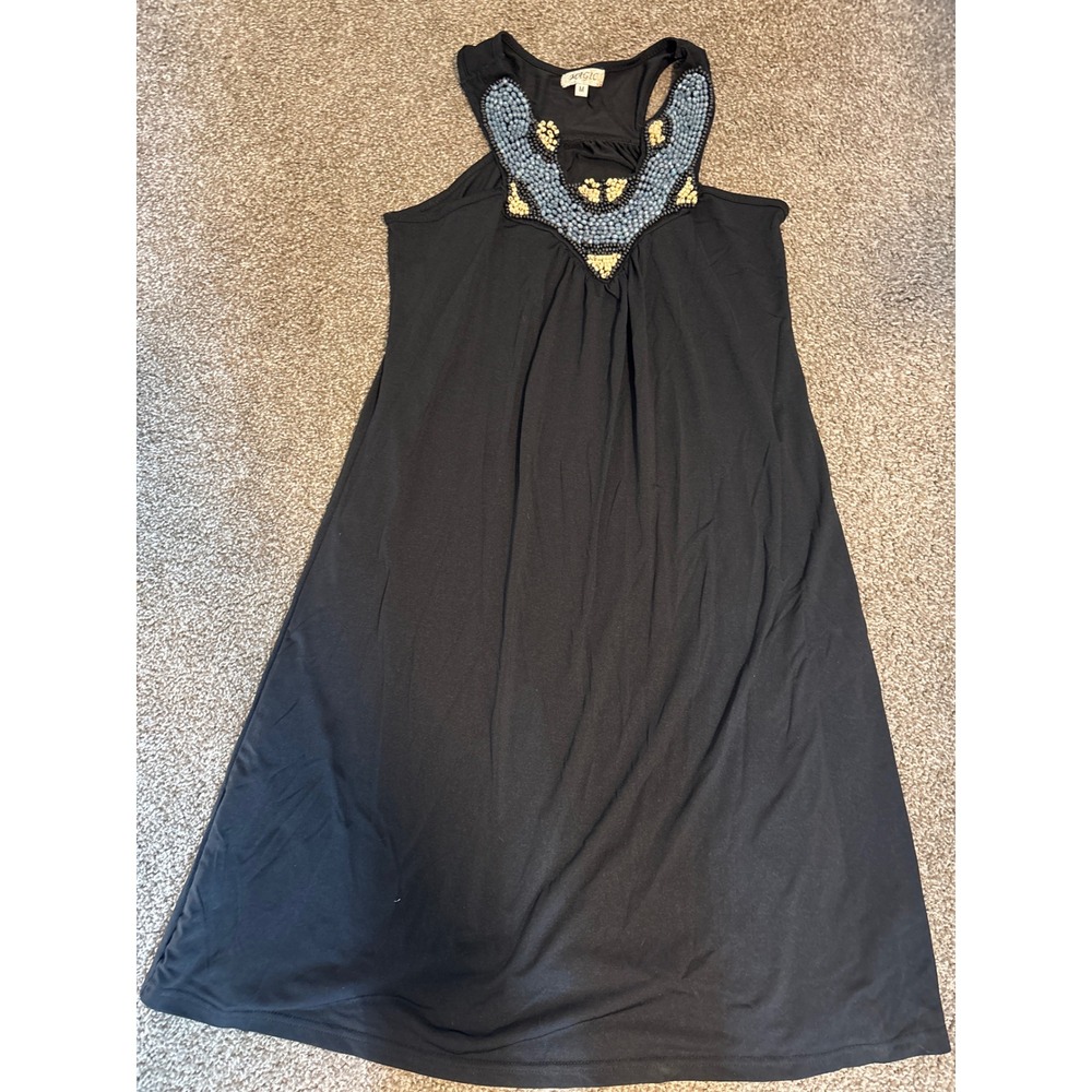 Magic Tunic Dress Womens M Black Excellent Beaded Bib Racerback Boho Mini